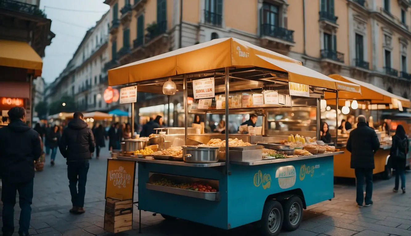 A bustling street with food carts and colorful signs, showcasing American street food in Milan