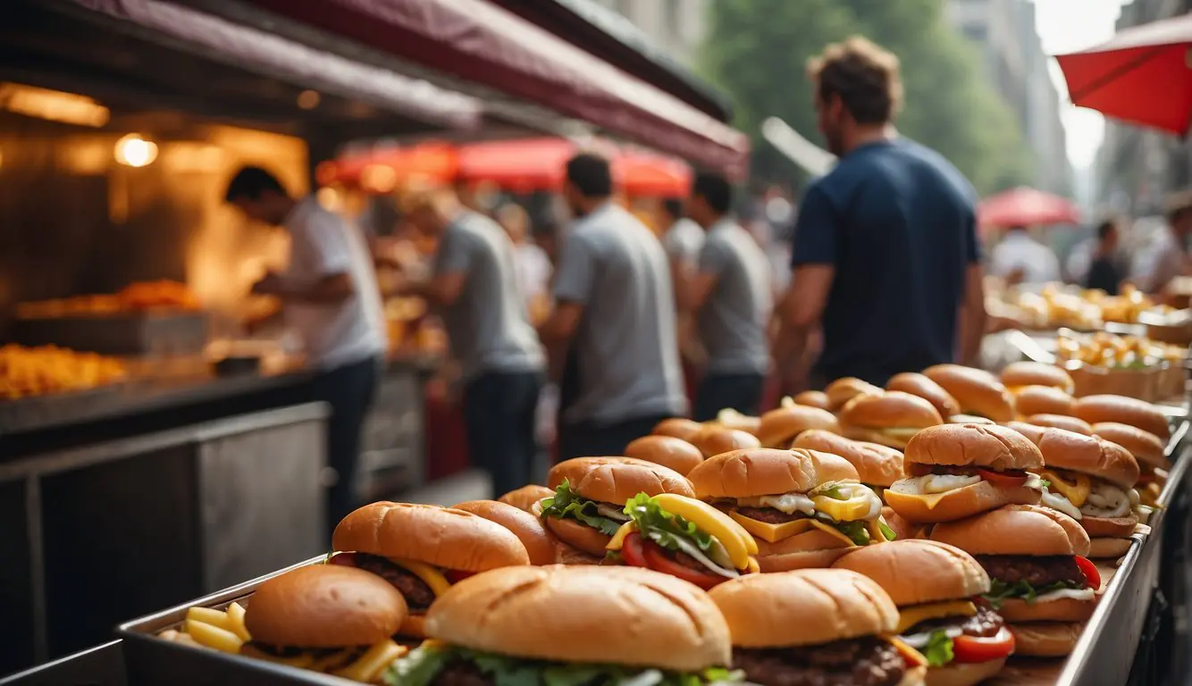 A bustling Milan street lined with food stalls selling American street food like burgers, hot dogs, and fries. The aroma of sizzling meat and the sound of sizzling oil fill the air