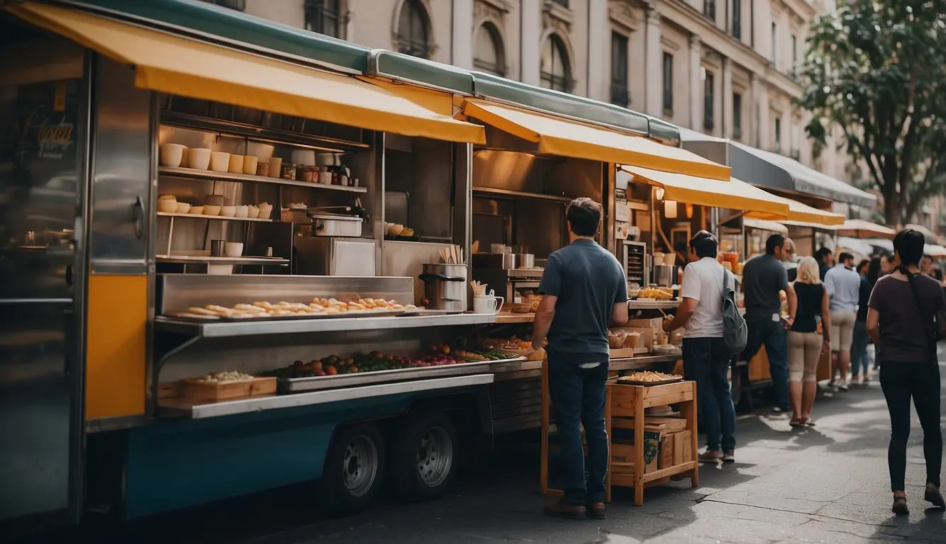 A bustling street lined with food trucks offering diverse American flavors in Milan