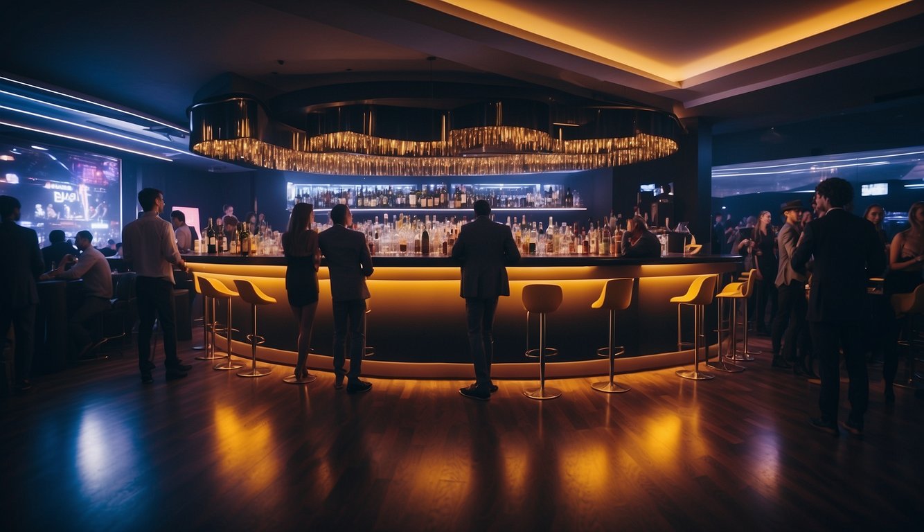 A bustling nightclub in Milan with neon lights, thumping music, and a crowded dance floor. People chat at the bar and lounge in VIP areas
