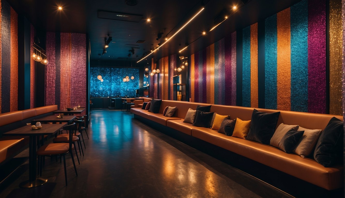 Vibrant colors and bold patterns adorn the walls of a sleek nightclub in Milan, where fashion and art collide in a dynamic and electrifying atmosphere