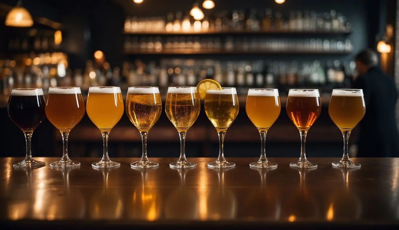 A bartender pours a craft beer next to a lineup of spirits and cocktails at a stylish bar in Milan. The bar is bustling with patrons enjoying the vibrant atmosphere