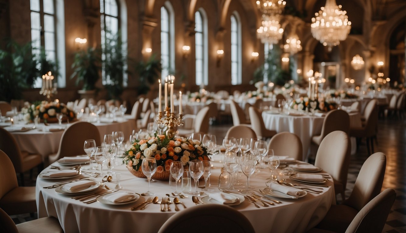 A grand banquet hall filled with elegantly set tables and a lavish display of gourmet dishes at The Milanese Touch Event catering in Milan