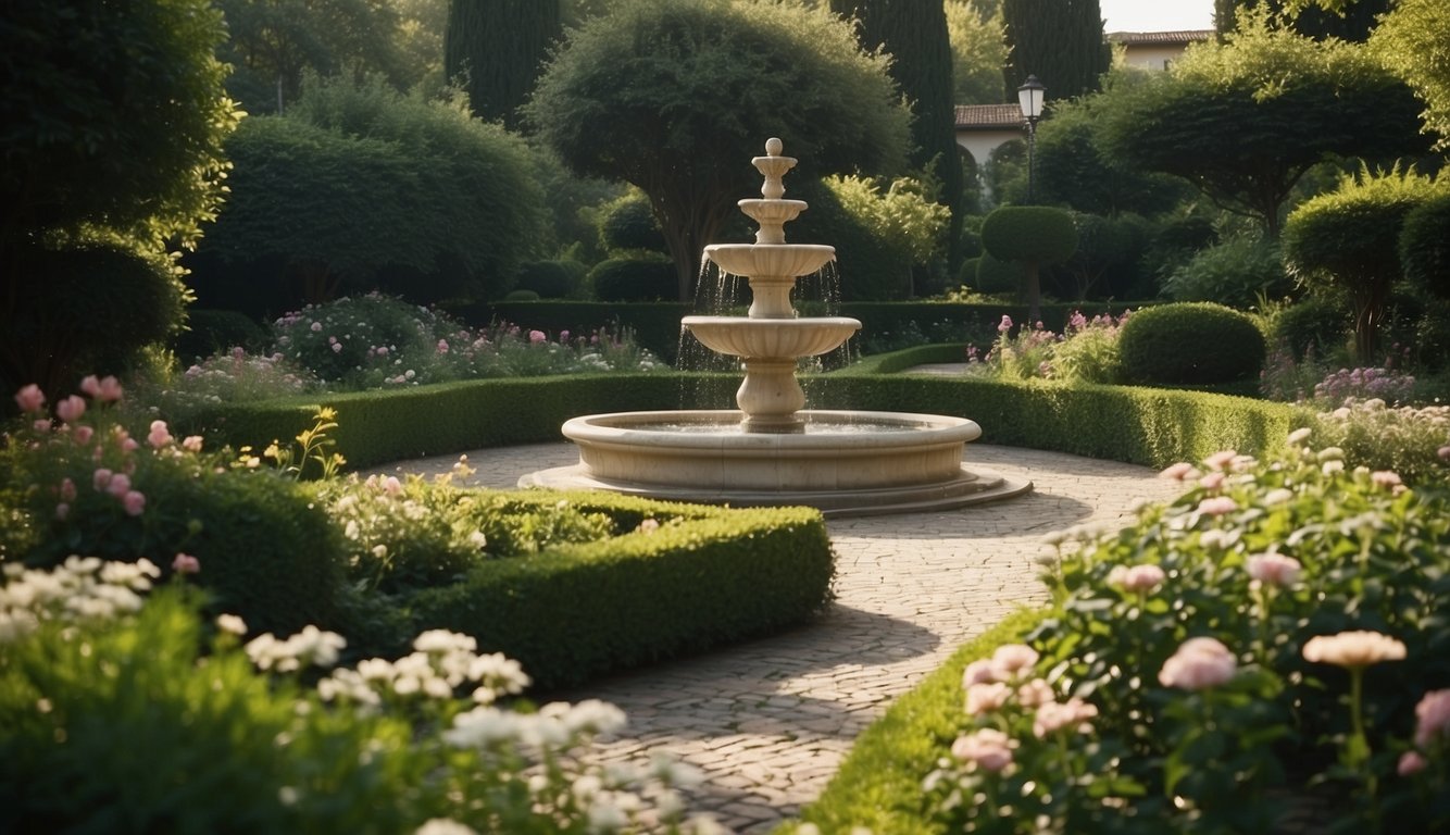 Lush greenery surrounds a tranquil fountain in a Milanese garden. Vibrant flowers bloom alongside winding paths, creating a peaceful and picturesque setting