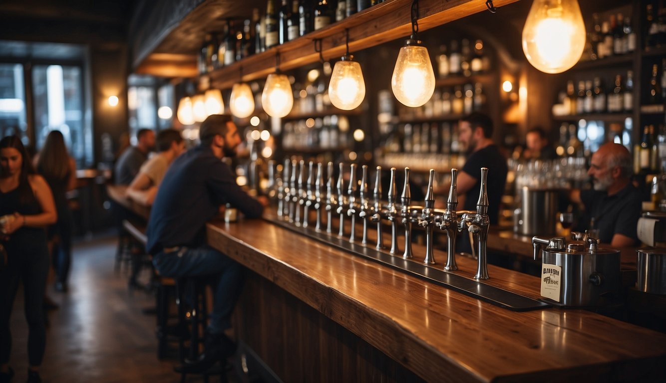 A bustling craft beer bar in Milan, with a variety of taps and bottles on display, patrons engaged in lively conversation, and a cozy, inviting atmosphere
