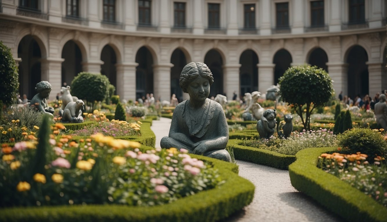 Lush gardens surround modern museums in Milan. Colorful flowers and sculptures decorate the outdoor space, inviting visitors to explore and appreciate art and nature together
