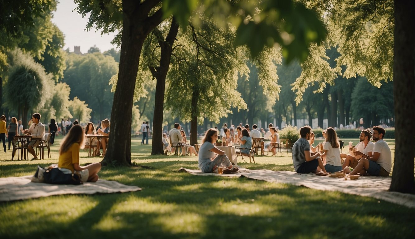 People enjoying picnics, playing sports, and strolling in lush Milan gardens