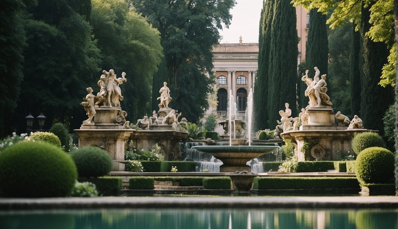 Lush green gardens with historical statues and fountains surrounded by elegant architecture in Milan