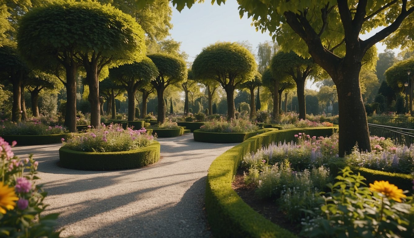 Lush greenery surrounds a winding pathway through Conclusion Gardens, with colorful flowers and tall trees creating a peaceful and serene atmosphere