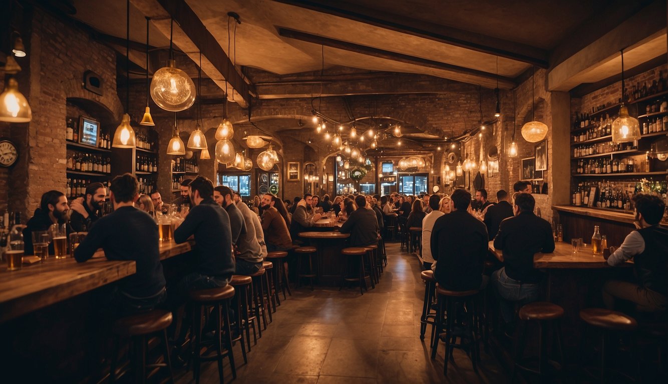 People enjoying craft beer in lively Milan bars and pubs. Unique decor, cozy atmosphere, and a wide selection of local and international brews