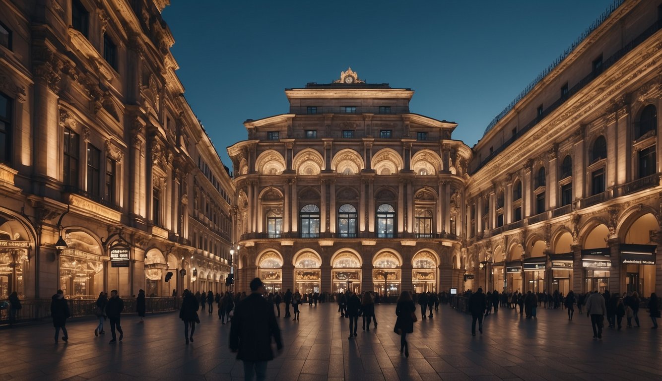 The grand theaters of Milan stand tall, adorned with intricate architecture and glowing marquees, beckoning visitors to experience the city's rich arts and entertainment scene