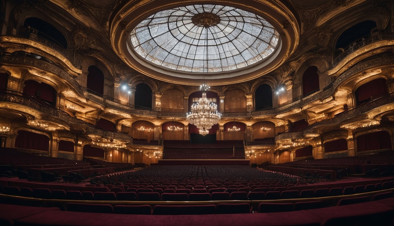 A grand theater in Milan, adorned with ornate architecture and marquee lights, hosts a diverse range of performances, including opera, ballet, and dramatic plays