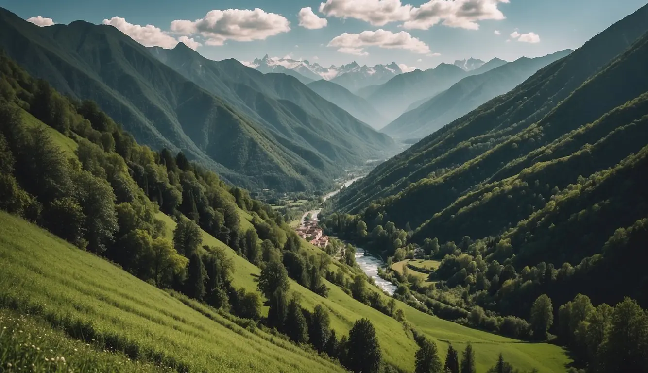 Lush green mountains rise majestically near Milan, with winding trails and cascading waterfalls, beckoning adventurers to explore their natural beauty