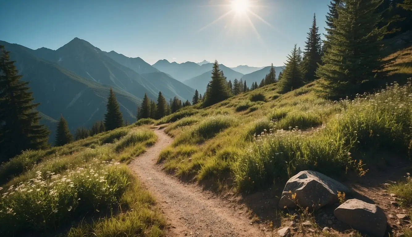 Sunlit mountain path winds through lush greenery, with distant peaks and a clear blue sky