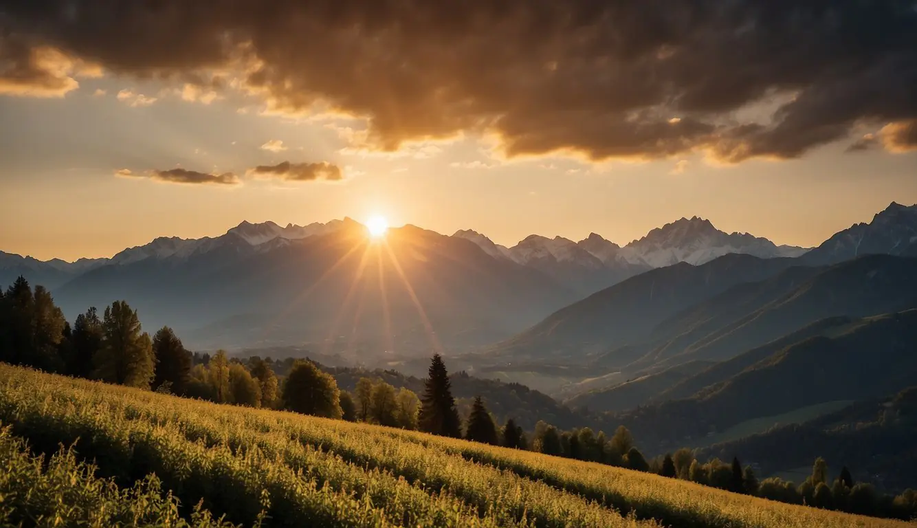 The sun sets behind the towering mountains near Milan, casting a warm glow over the rugged peaks and lush valleys