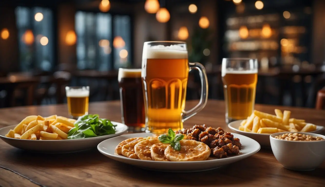 A table set with various dishes and glasses of craft beer, with the backdrop of a trendy Milan craft beer bar