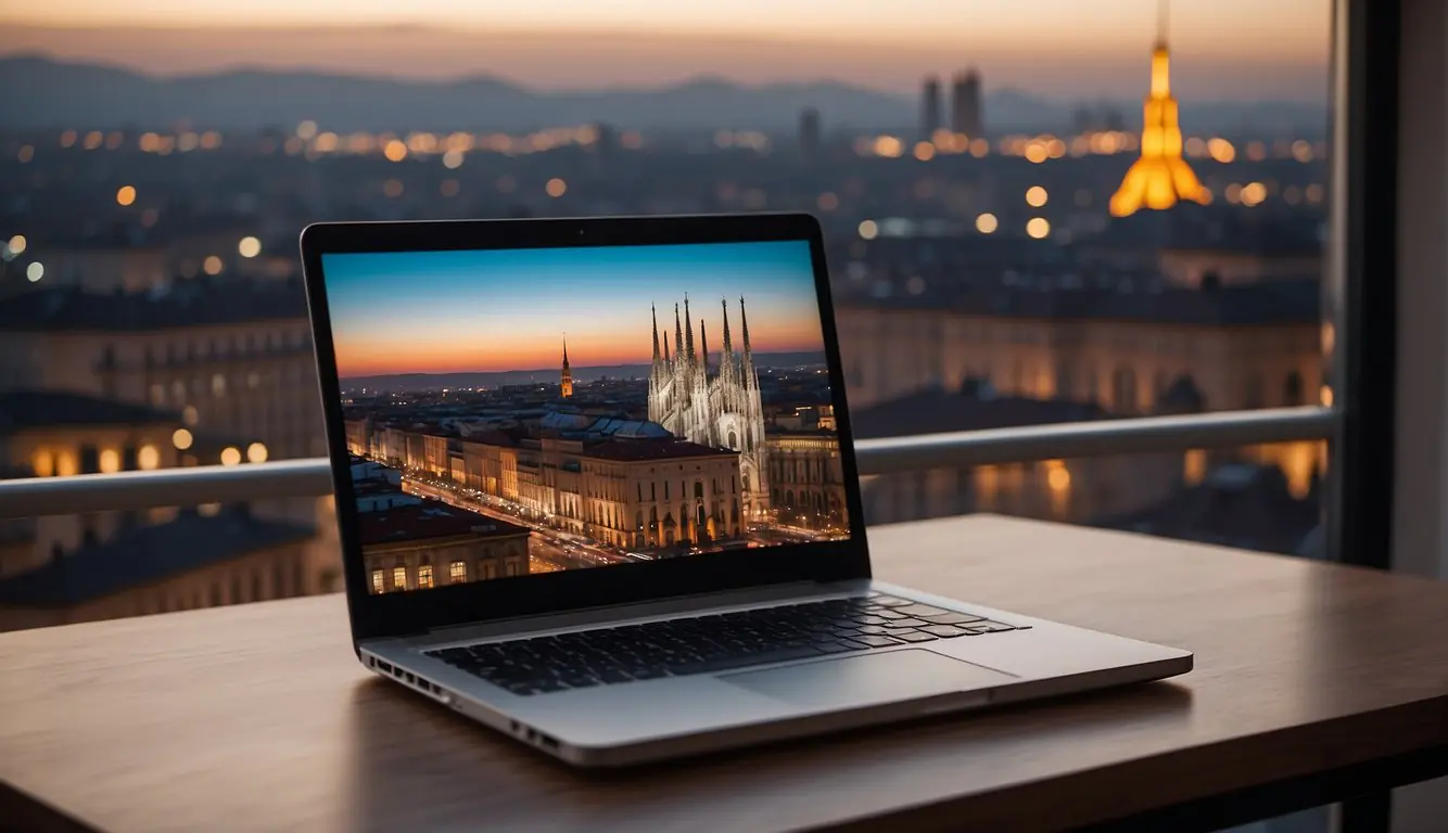 A laptop on a desk with Milan skyline in the background, showing apartment rental websites on the screen