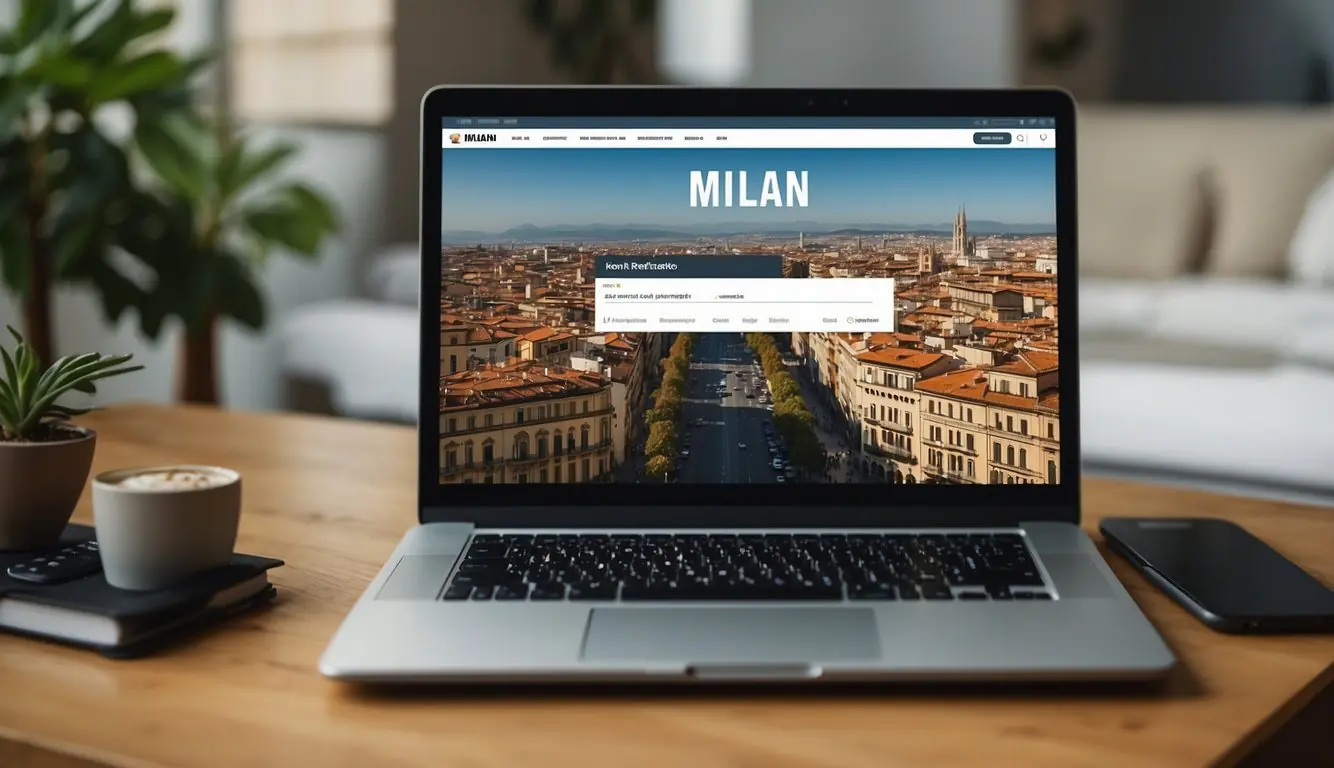 A laptop displaying apartment rental websites for Milan, surrounded by city maps and travel guides