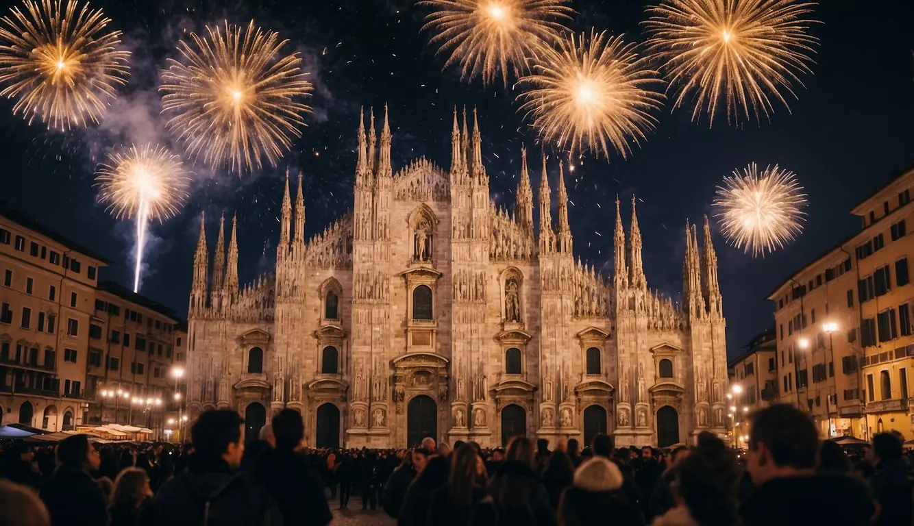 Vibrant fireworks illuminate the night sky over Milan's Piazza del Duomo as bustling crowds gather for Culinary Delights New Year's Eve celebrations
