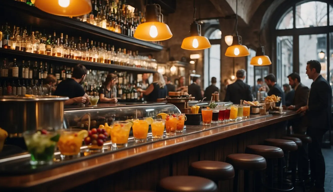A bustling Milanese bar with a spread of colorful cocktails and appetizers, surrounded by lively patrons enjoying the best aperitivo deals