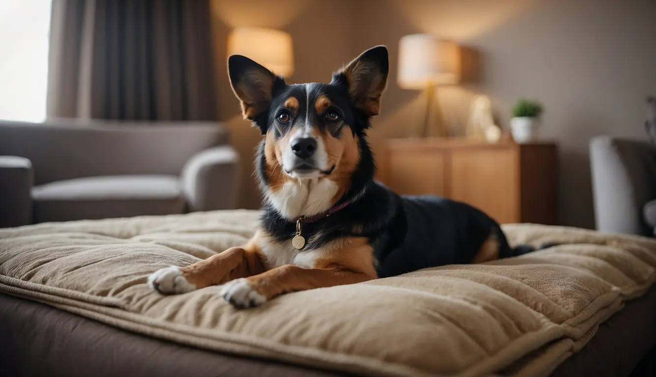 A dog lounges in a cozy hotel room, with a plush pet bed and food bowls nearby. The room features pet-friendly amenities and a welcoming atmosphere