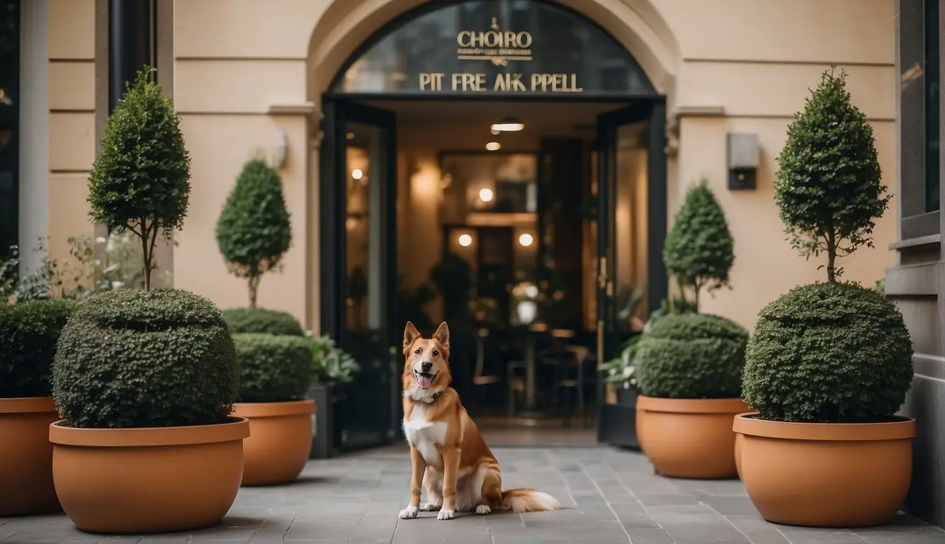 A dog-friendly hotel in Milan with a welcoming entrance, outdoor seating, and a sign indicating pet-friendly policies