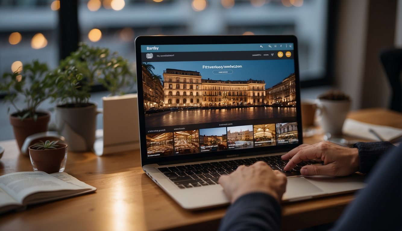 A person searches online for pet-friendly hotels in Milan, looking at various options and reading reviews