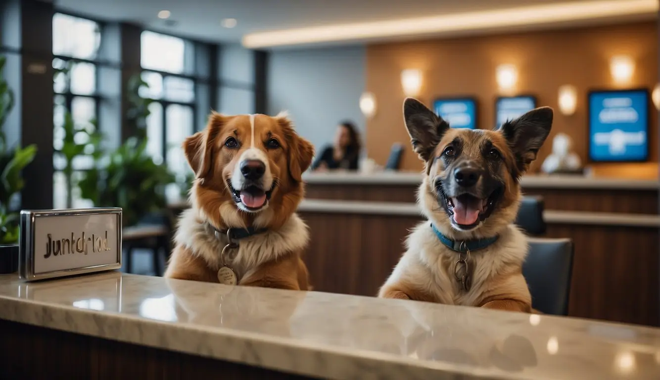 A happy dog sits at the reception desk of a hotel in Milan, with a bowl of water and a sign indicating it is pet-friendly