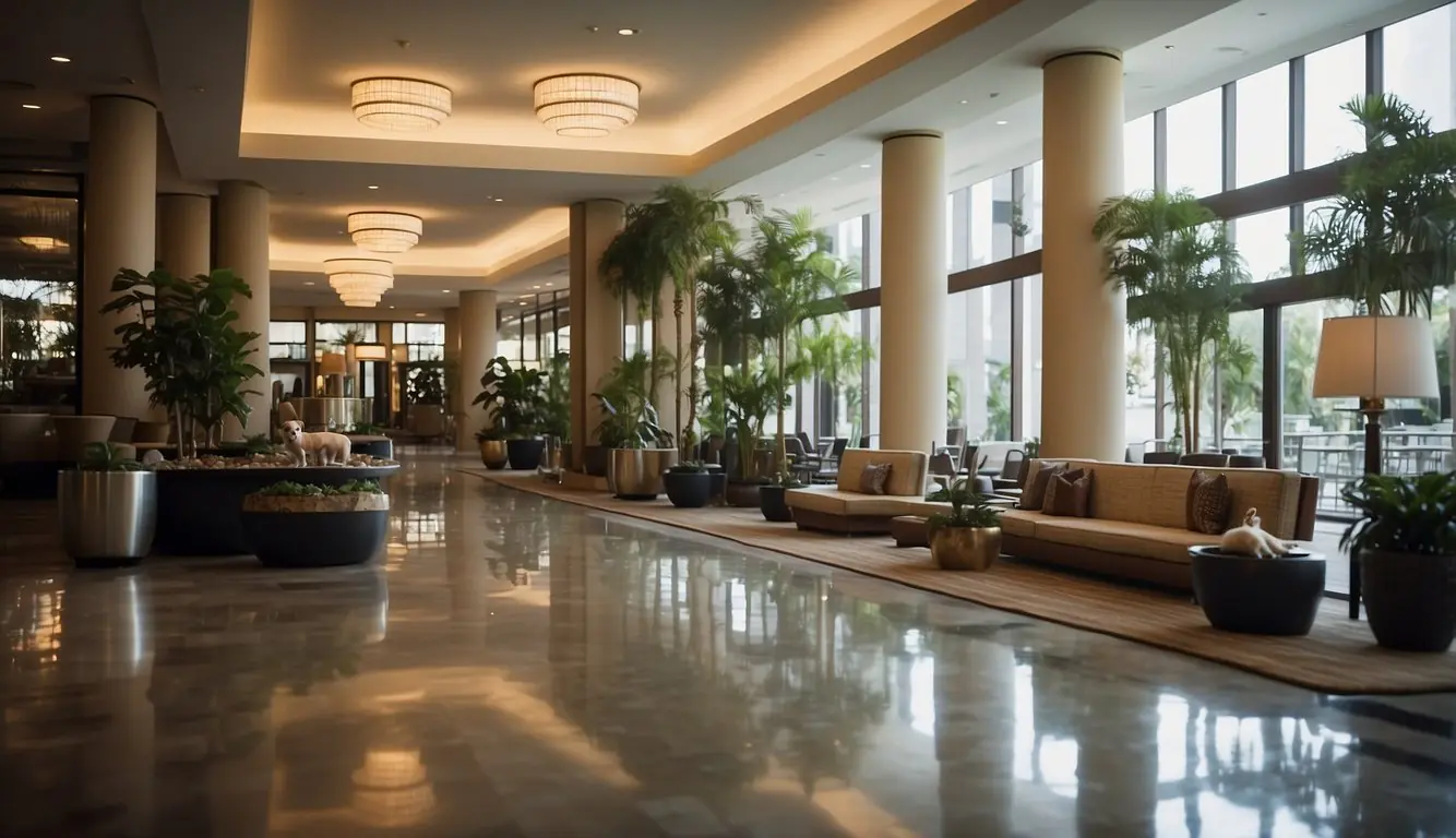 A hotel lobby with a "pet-friendly" sign, water bowls, and a designated pet area with toys and a comfortable resting spot