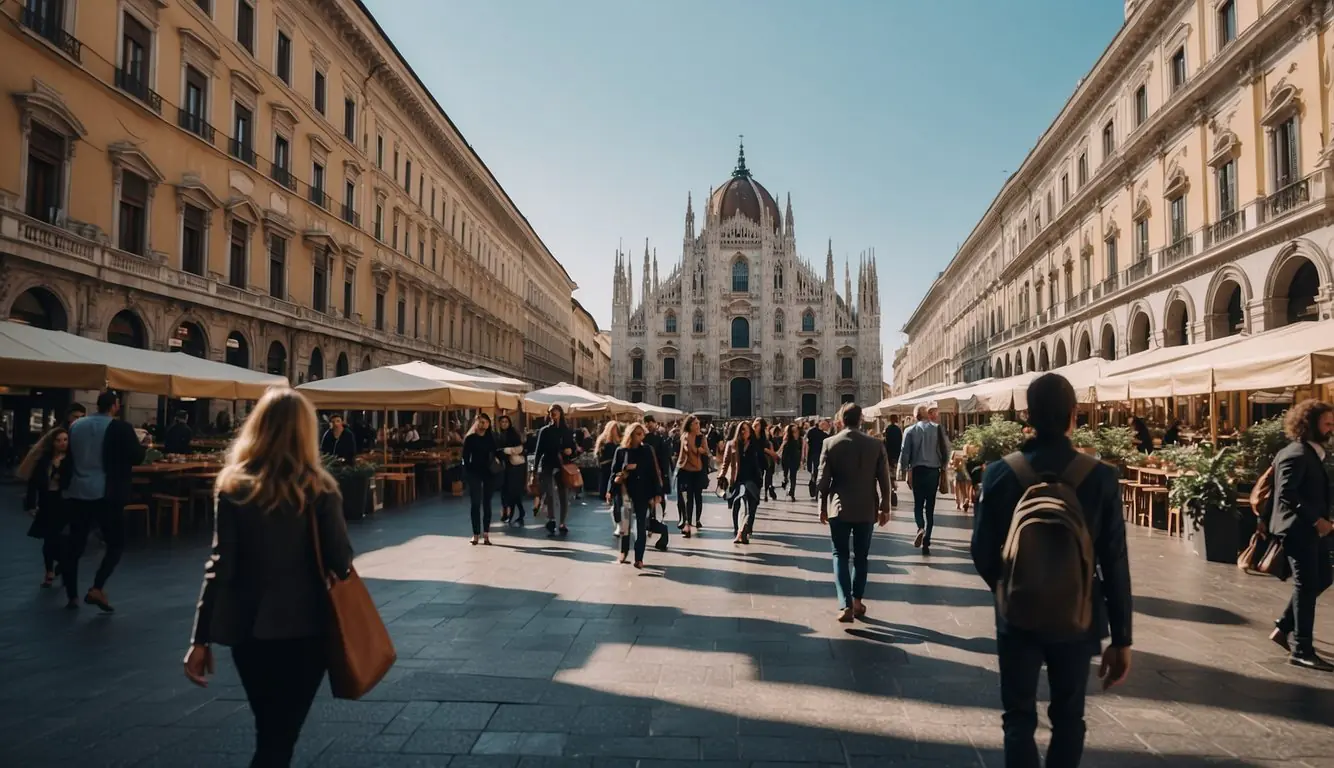 A bustling Milan street with job postings on storefronts and people networking at cafes