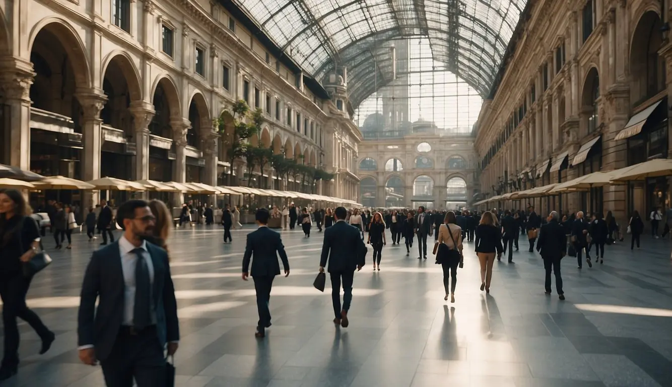 A bustling cityscape with iconic landmarks of Milan, such as the Duomo and Galleria Vittorio Emanuele II. People in business attire walking to work, with job listings and application forms visible in storefront windows