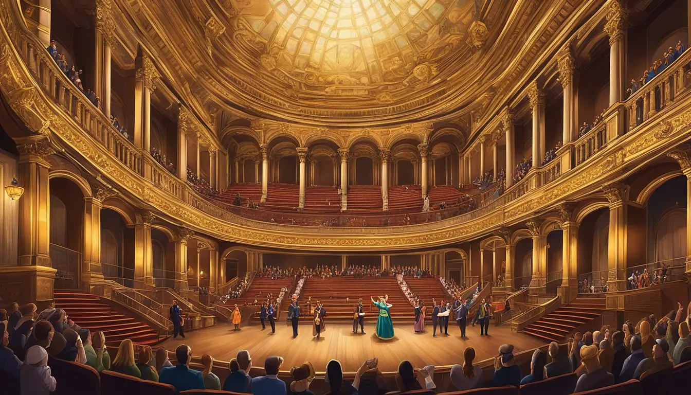 A lively theater performance in Milan's historic opera house, with ornate architecture and a grand stage set with vibrant costumes and dramatic lighting