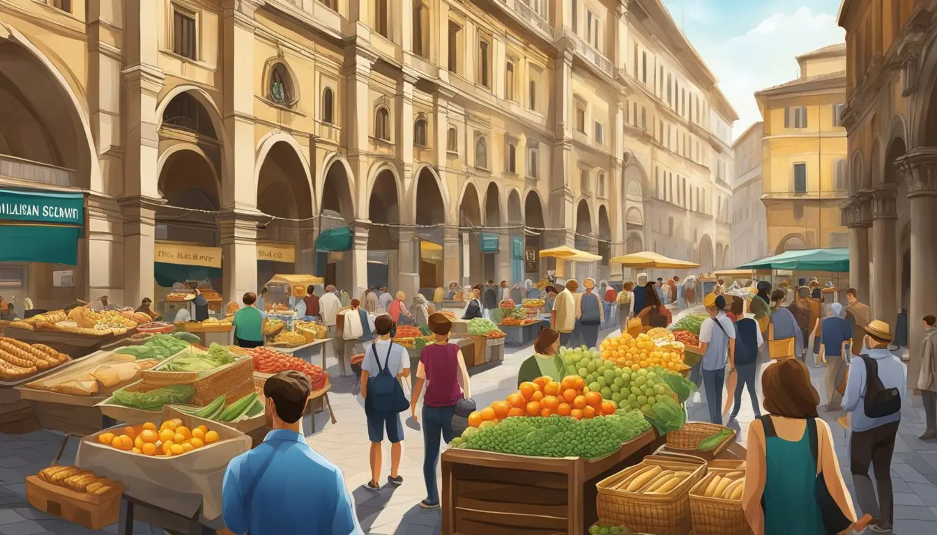 A bustling market in Milan with vendors selling traditional Italian goods and tourists exploring historic landmarks