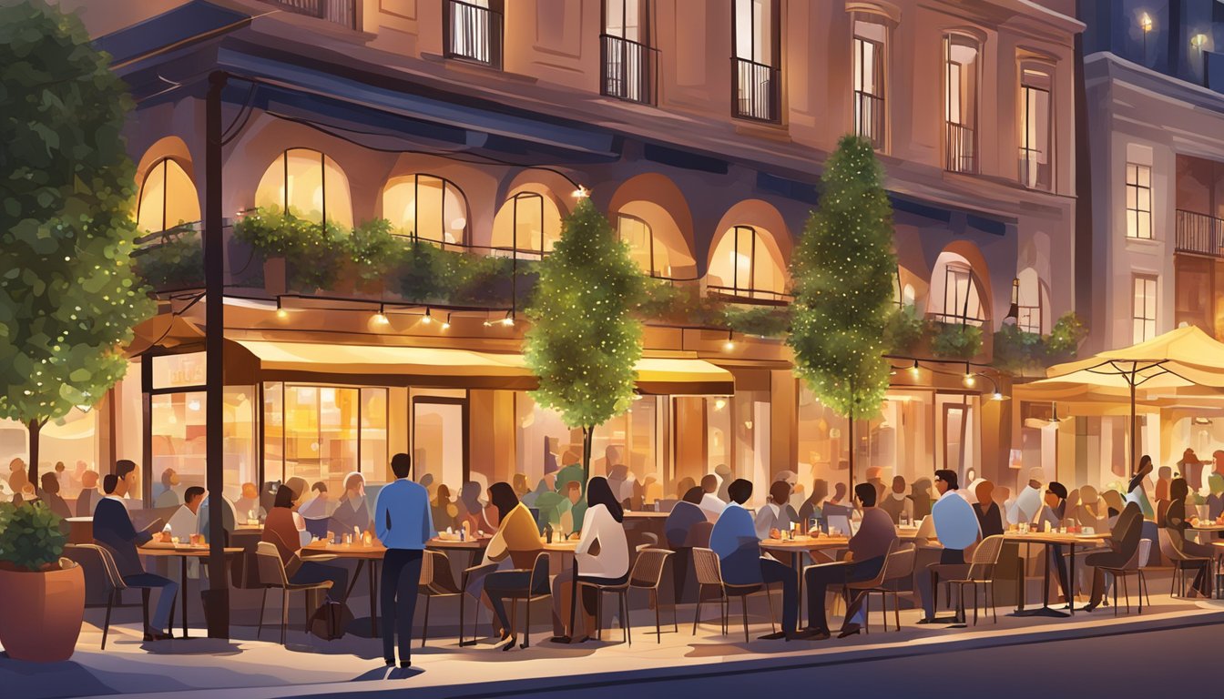 A bustling street lined with modern Milanese restaurants, each with unique architecture and outdoor seating. Patrons enjoy gourmet cuisine under the glow of string lights, creating a vibrant and inviting atmosphere