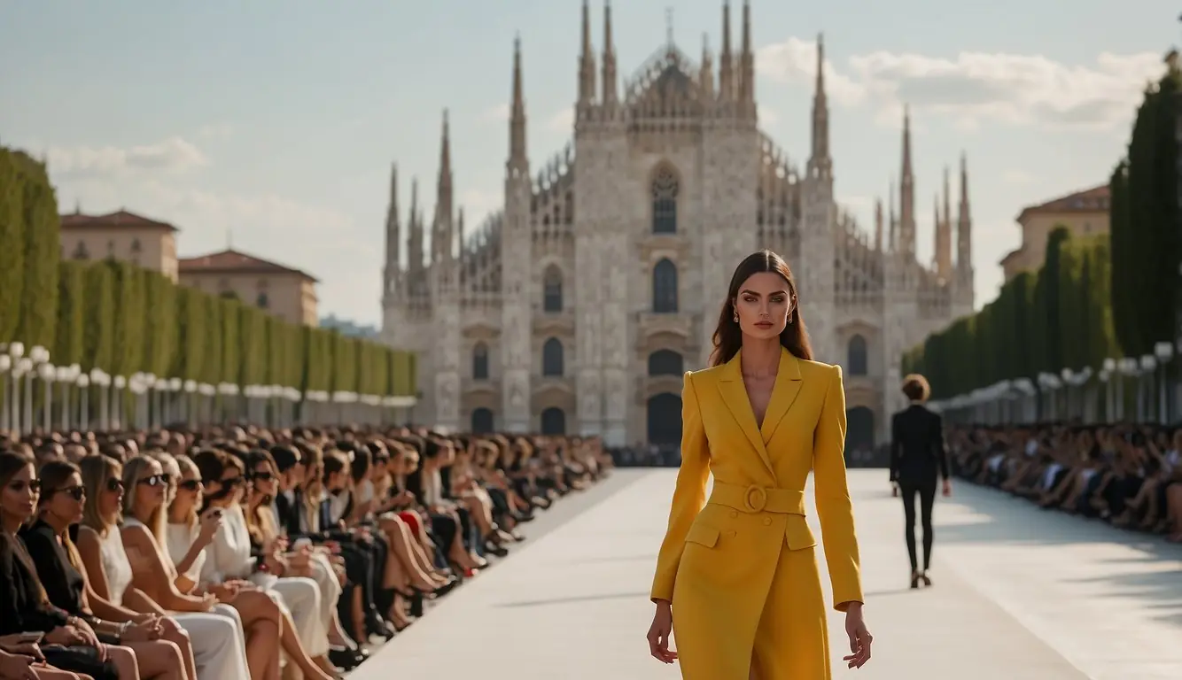 Vibrant runway with Milan's iconic landmarks as backdrop. Local fashion designers showcase their innovative designs in a glamorous setting
