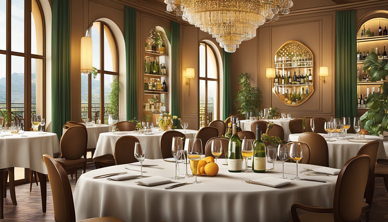 A table set with wine bottles, glasses, and various beverages, surrounded by elegant dining chairs in a sophisticated Milanese restaurant