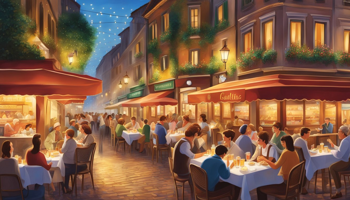 A bustling street lined with cozy trattorias, each adorned with twinkling lights and outdoor seating. The aroma of garlic and sizzling meats fills the air as diners enjoy traditional Milanese dishes