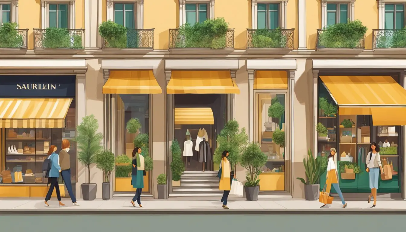 A bustling Milan street with eco-friendly fashion boutiques showcasing their sustainable designs in stylish storefronts