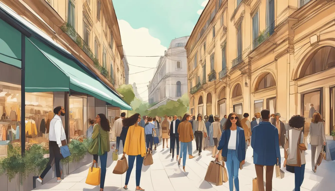 The bustling streets of Milan showcase sustainable fashion brands' storefronts, with eco-friendly materials and stylish designs on display. A crowd of fashion-forward individuals eagerly browse through the latest collections, highlighting the city's commitment to sustainable clothing