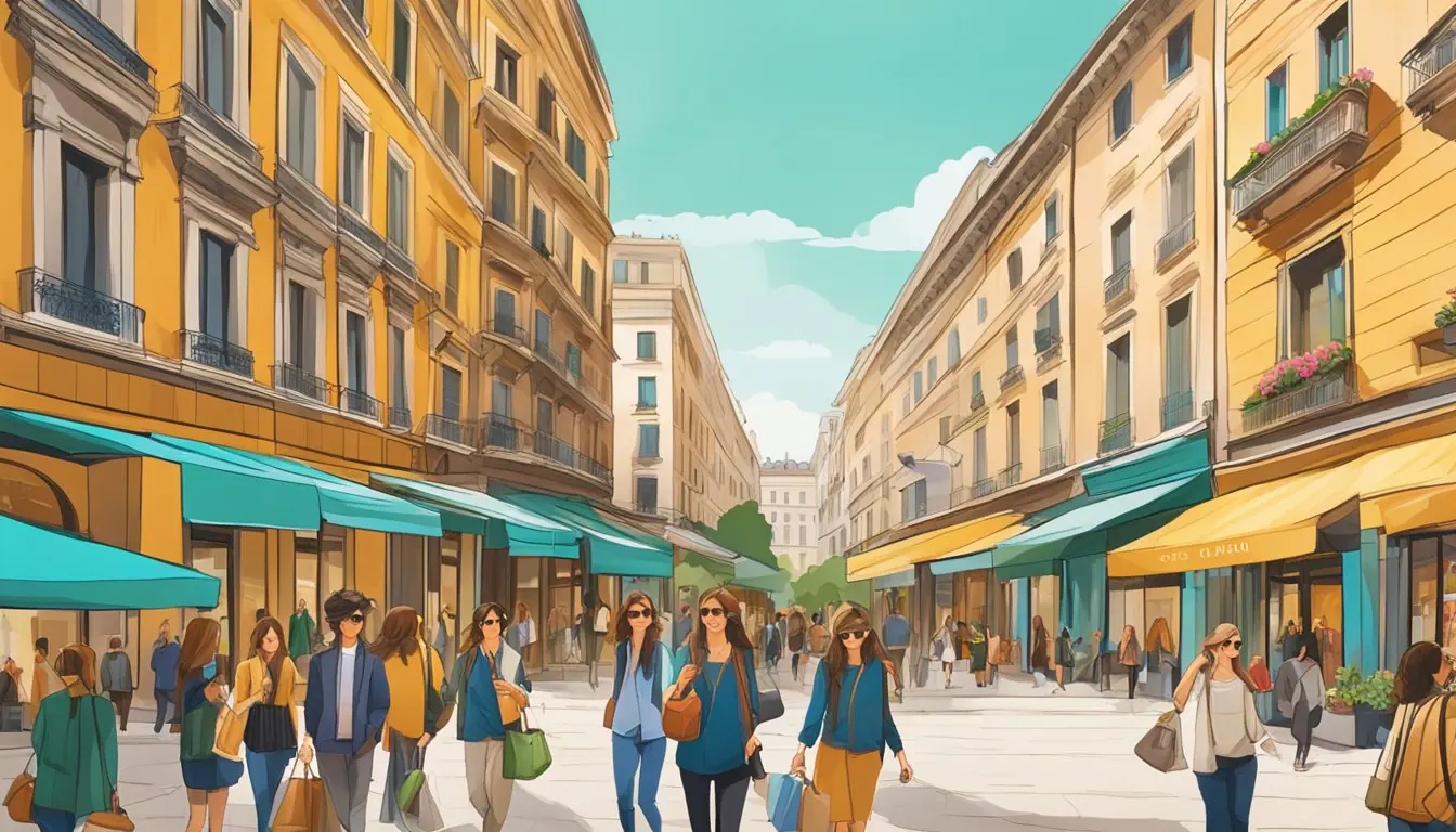 A bustling Milan street lined with modern, eco-friendly fashion boutiques. Vibrant colors and sleek designs showcase the city's global influence and cultural shifts towards sustainability