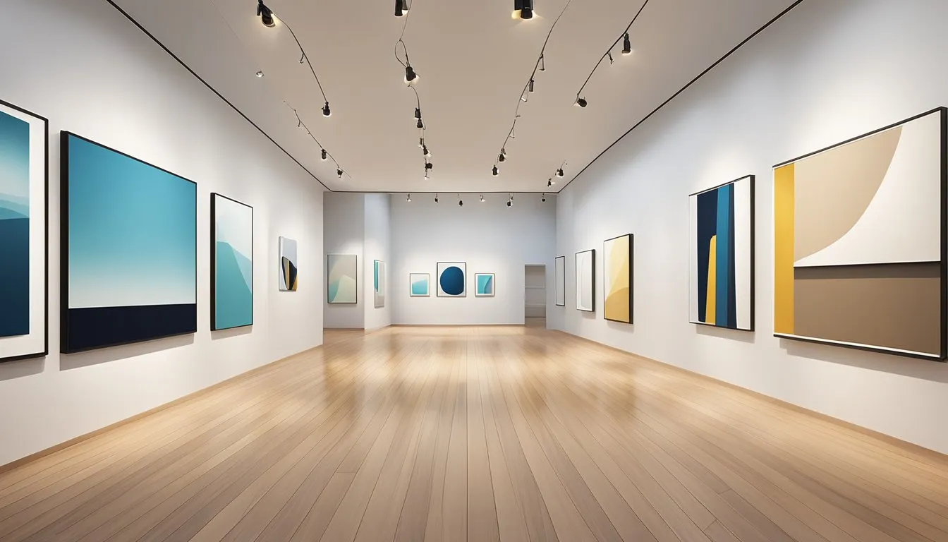 A sleek, modern gallery space with minimalist design. Clean lines, neutral colors, and innovative lighting showcase the contemporary art on display
