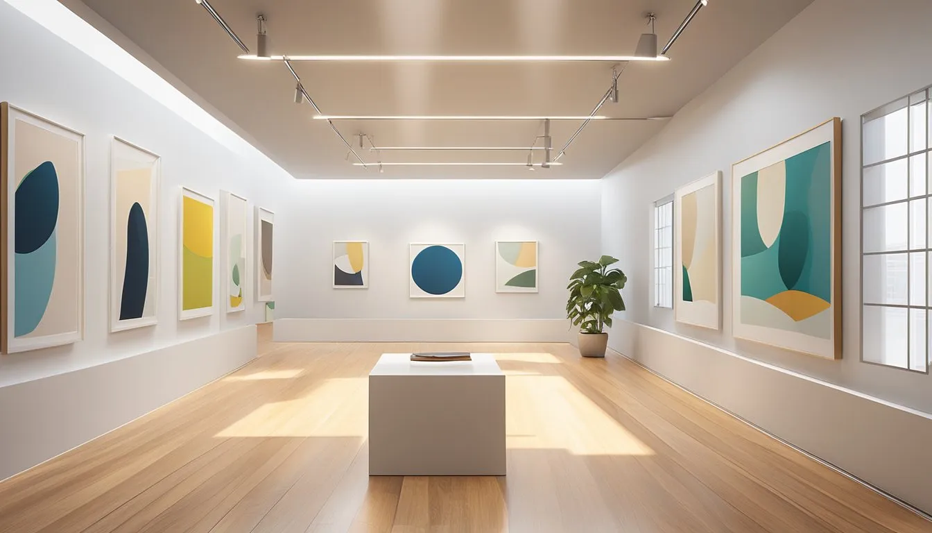 A sleek, modern gallery space with clean lines and minimalistic decor. Bright, natural light floods in through large windows, illuminating the contemporary artworks on display