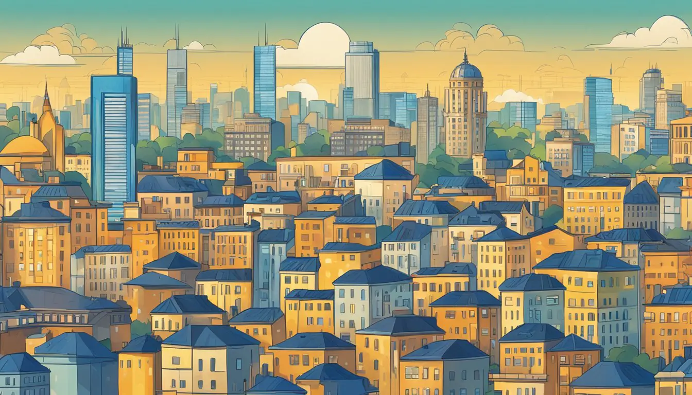 A bustling city skyline with 10 prominent buildings representing the top innovative startups in Milan, surrounded by a network of interconnected industries