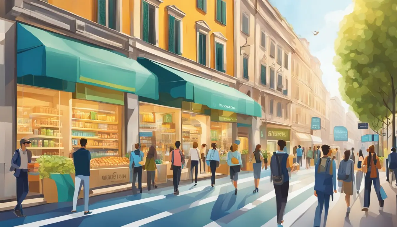A bustling city street with modern storefronts and vibrant signage, showcasing the top 10 innovative startups in Milan. Pedestrians pass by, intrigued by the cutting-edge products and services on display