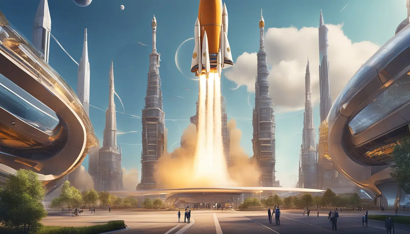 A rocket launching from a futuristic spaceport in Milan, surrounded by cutting-edge aerospace technology and innovative startups