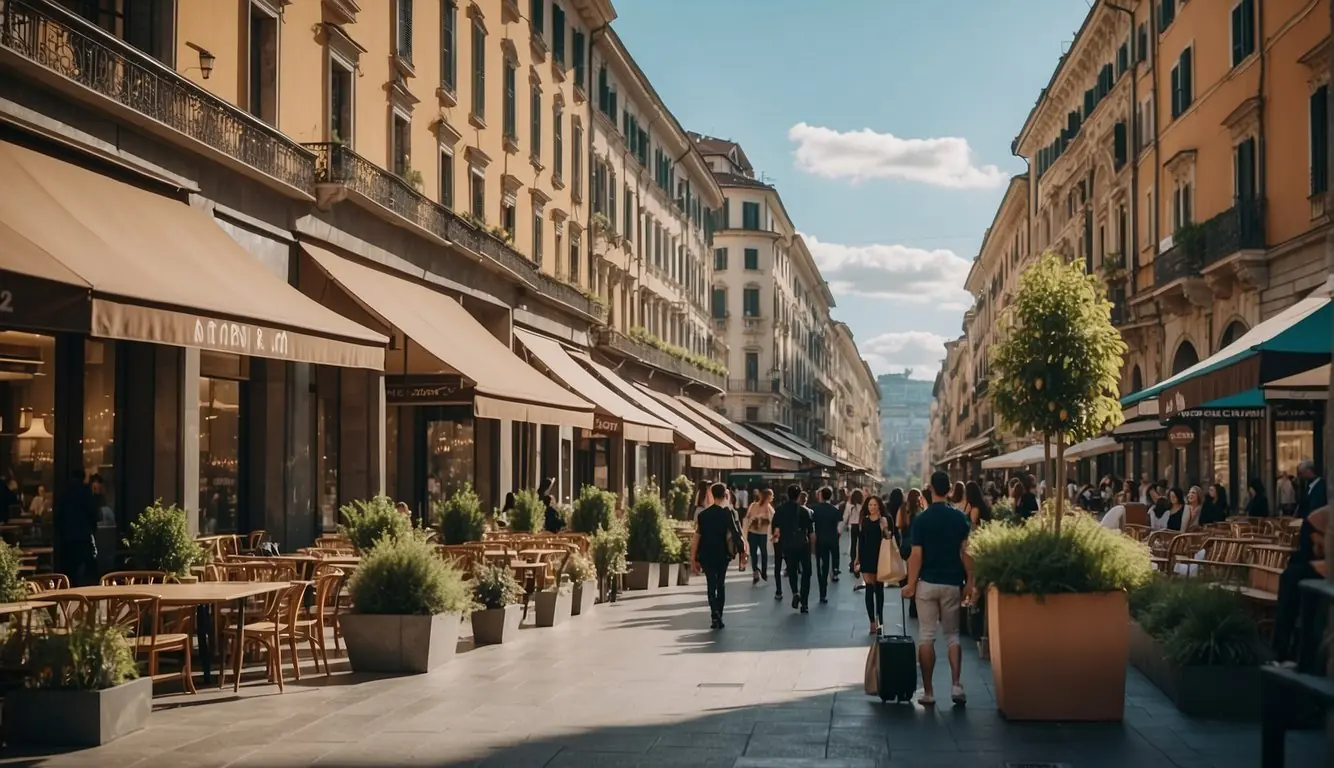 Milan's bustling fashion district, with colorful storefronts and trendy boutiques, showcasing the latest designs from local fashion designers