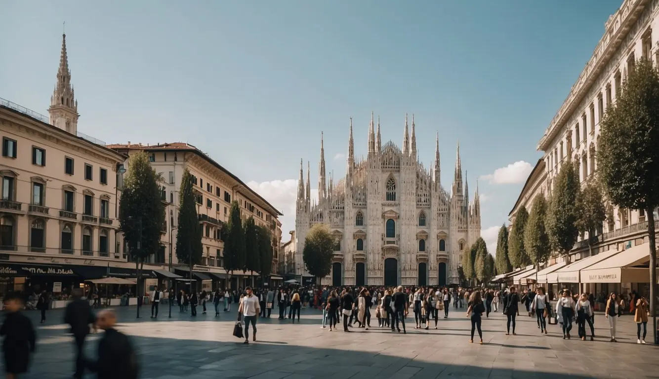 Milan skyline with iconic fashion brands' logos on billboards and storefronts, bustling streets with stylish locals