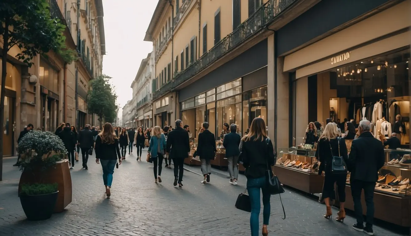 A bustling Milan street lined with trendy boutiques and fashion ateliers showcasing the latest designs from local fashion designers