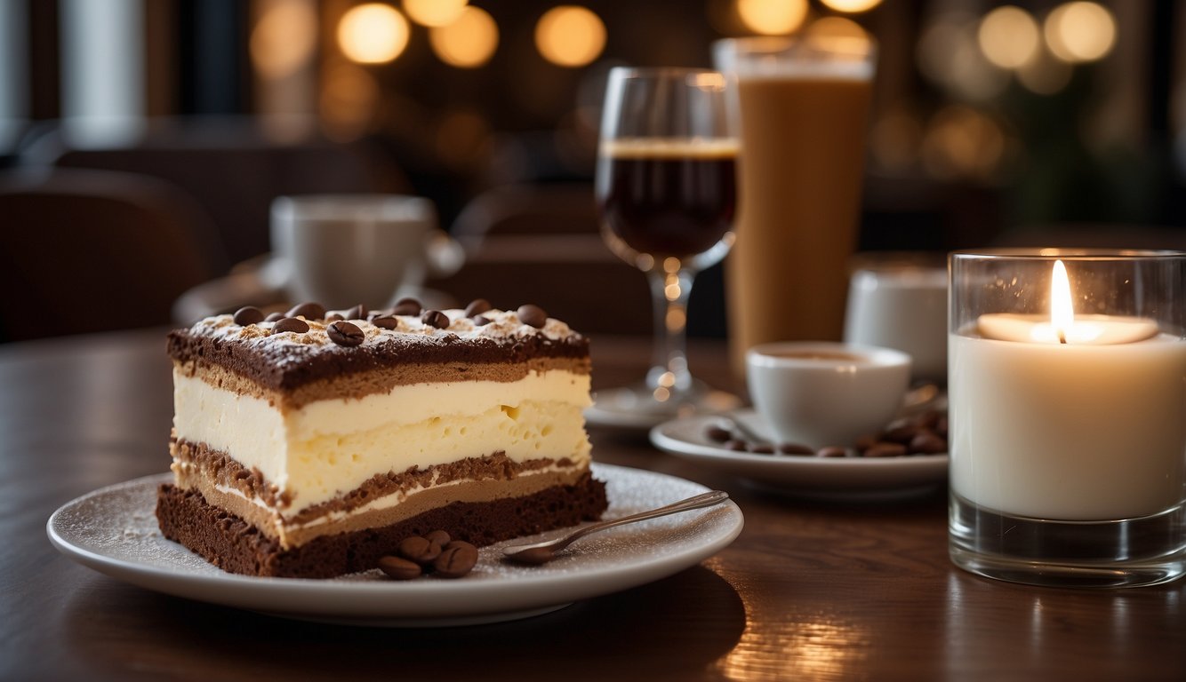 A table set with a delicate tiramisù, adorned with cocoa powder and coffee beans, in a cozy Milanese café