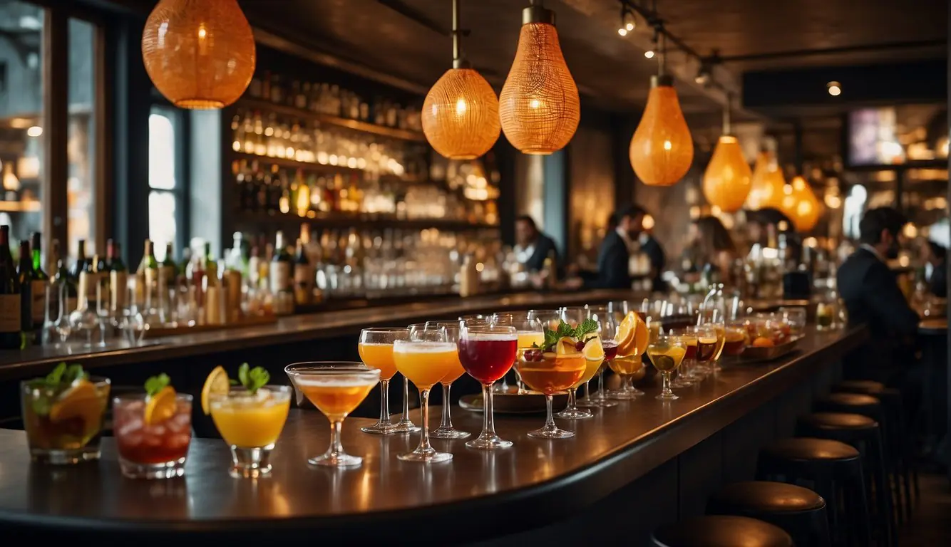 A bustling bar with colorful cocktails, small plates of gourmet appetizers, and lively conversation. Aperitivo Milan's best deals are on display, creating a vibrant and inviting atmosphere